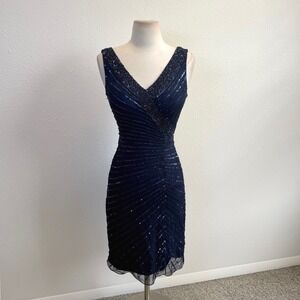 Vtg‎ Navy Blue Pure Silk Beaded V Neck Dress Womens 0 Regal Luxury Fairy Event